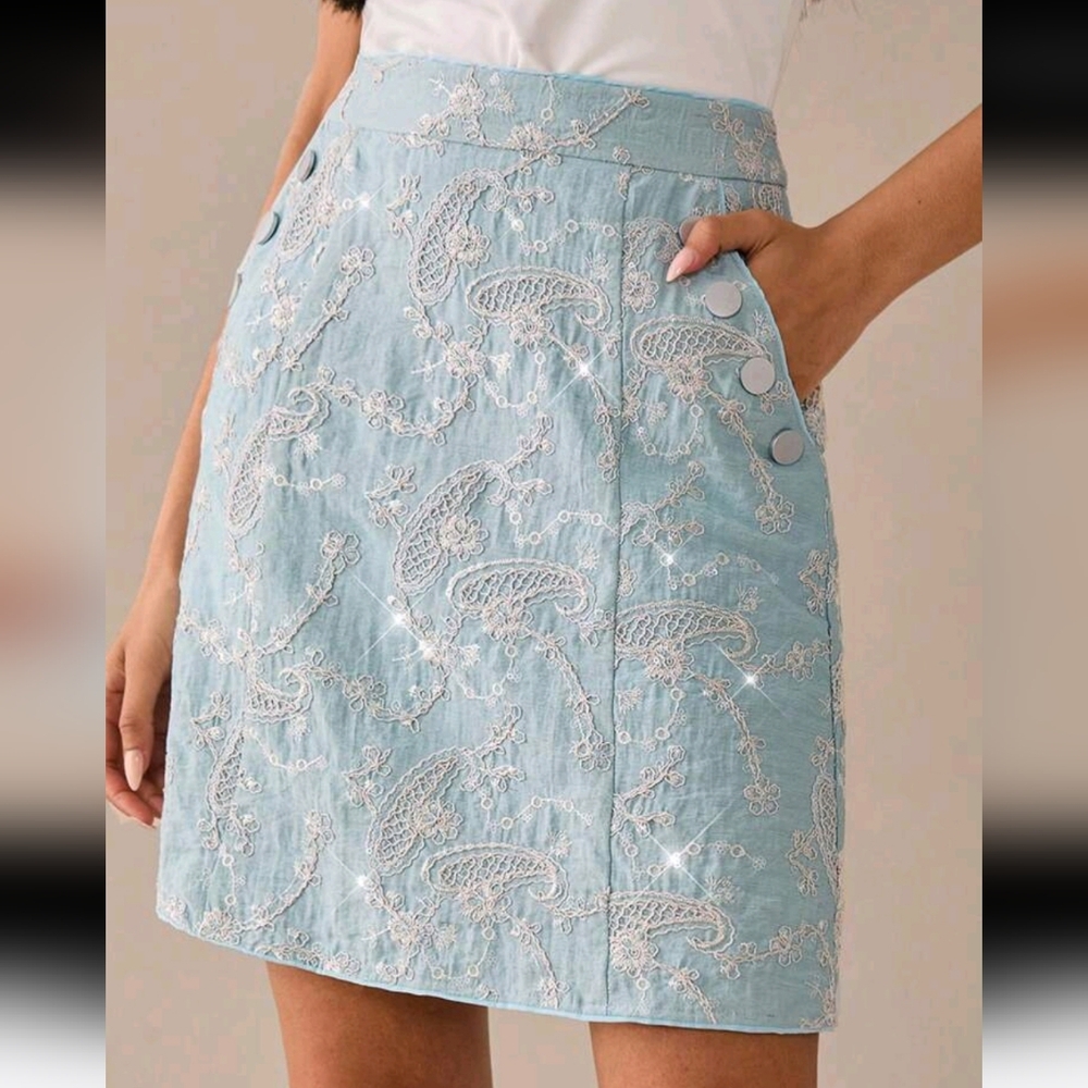 Elegant Beaded Embroidered Knee-Length Skirt, Suitable For Daily Commute